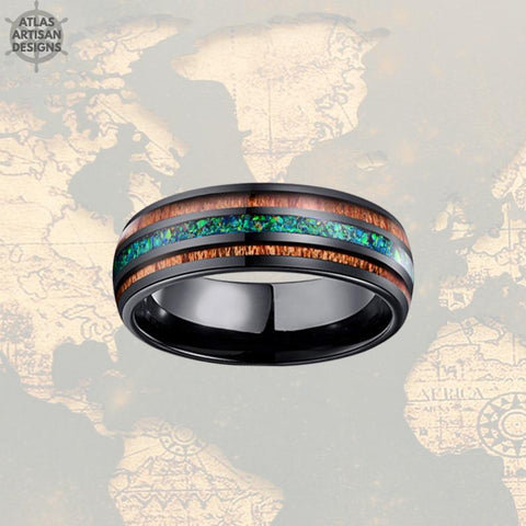 Image of 8mm Wooden Tungsten Ring Opal Wedding Band Mens Ring - Atlas Artisan Designs