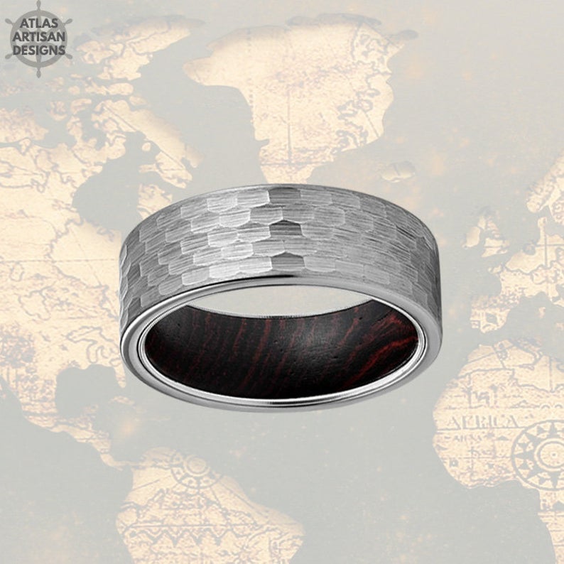 8mm Silver Tungsten Norse Ring Wood Wedding Band Hammered Ring - Atlas Artisan Designs