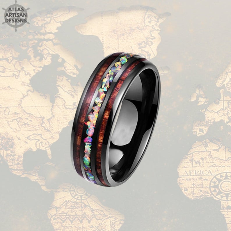 Black Opal & Wood Ring, 8mm Koa Wood Ring Mens Wedding Band Tungsten Ring Black Mens Ring - Atlas Artisan Designs
