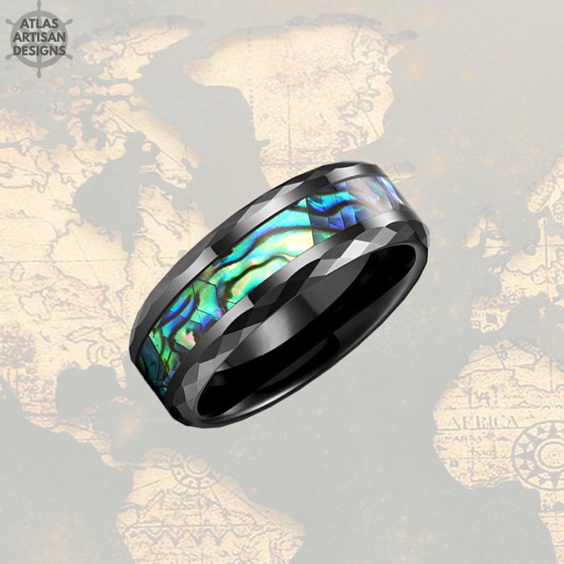 8mm Black Hammered Ring Mens Wedding Band Tungsten Ring - Abalone Mens Ring