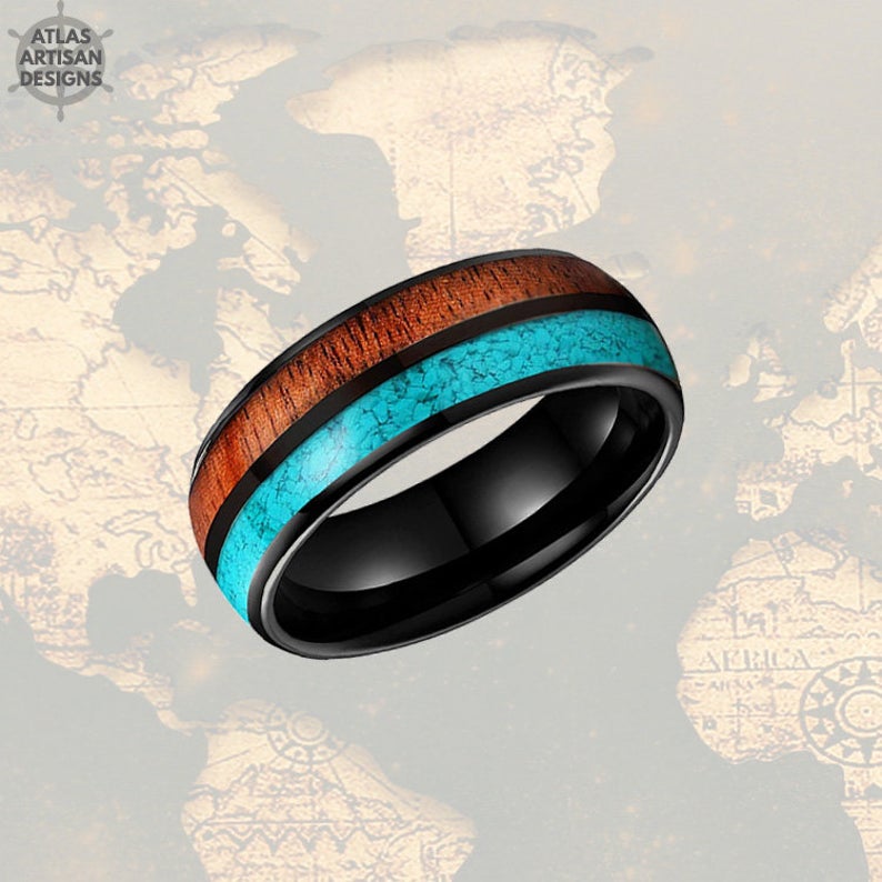 8mm Black Ring Mens Turquoise Ring Tungsten Wedding Band Koa Wood Ring