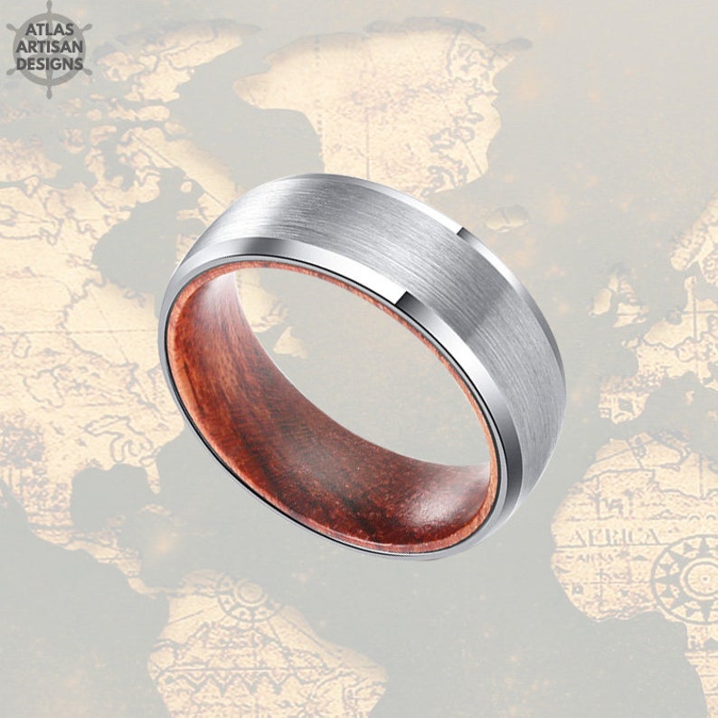 Sandal Wood Ring Mens Wedding Band Tungsten Ring, Beveled Silver Ring Wood Wedding Band Mens Ring, 8mm Wood Promise Ring for Him Wooden Ring - Atlas Artisan Designs