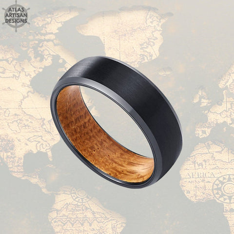 Image of 8mm Whisky Wood Ring Mens Wedding Band Tungsten Ring, Whiskey Barrel Ring 8mm Mens Wedding Ring, Black Wooden Ring Bourbon Barrel Mens Ring - Atlas Artisan Designs