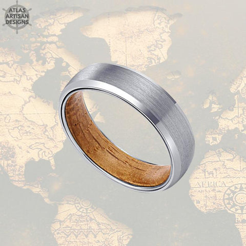 Image of 6mm Silver Wood Ring Mens Wedding Band Tungsten Ring, 6mm Whiskey Barrel Ring Wood Wedding Band Mens Ring, Whisky Wood Promise Ring for Him - Atlas Artisan Designs