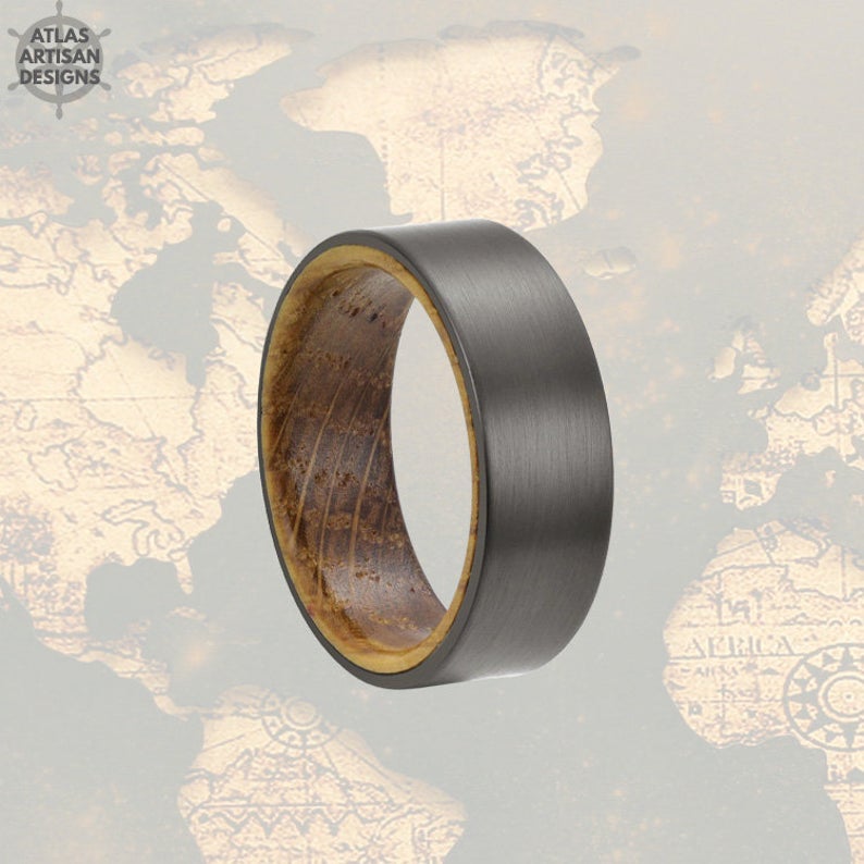 Gunmetal Whiskey Wood Barrel Ring Mens Wedding Band Tungsten Ring