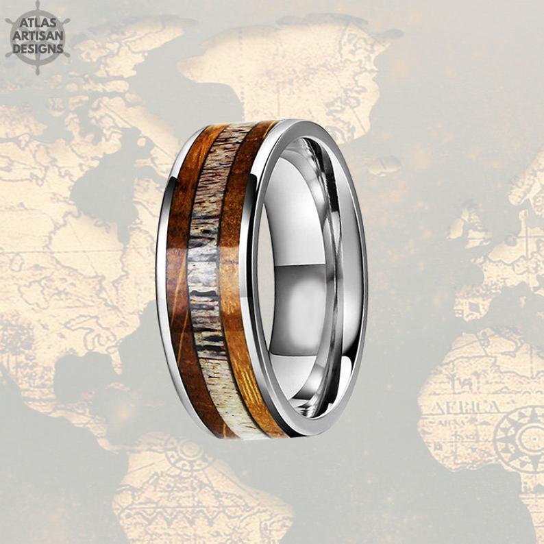 Tungsten Whiskey Barrel Ring with Deer Antler Inay Mens Wedding Band Silver Antler Rings - Atlas Artisan Designs