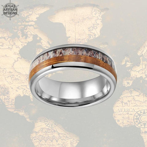 Image of Rustic Whiskey Barrel & Deer Antler Ring Mens Wedding Band Tungsten Ring