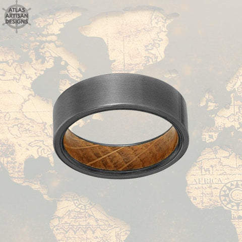 Image of Gunmetal Whiskey Barrel Ring Wooden Ring, Tungsten Wedding Band Mens Ring, Whiskey Barrel Wood Ring - Atlas Artisan Designs