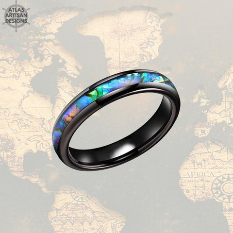 Image of Black Abalone Ring Mens Wedding Band  - 4mm Tungsten Ring - Atlas Artisan Designs