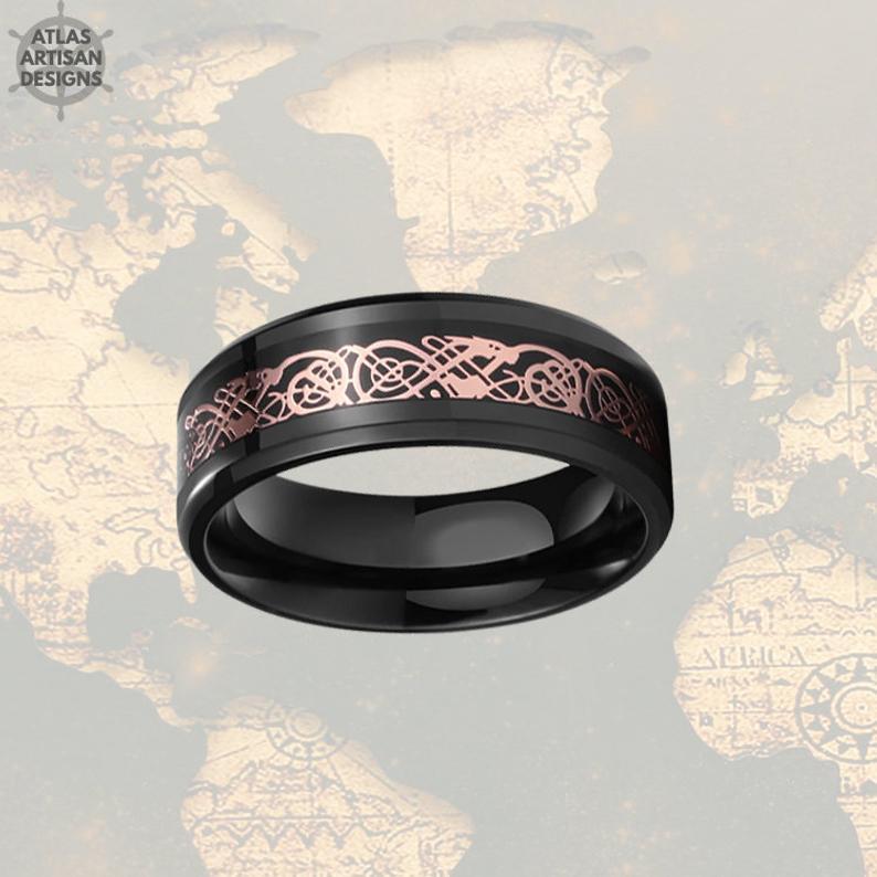 Black & Rose Gold Ring Mens Viking Ring, Mens Wedding Band Tungsten Ring, Norse Rose Gold Ring - Atlas Artisan Designs