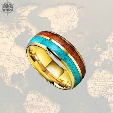 Image of 14K Yellow Gold Wedding Band Mens Ring - Turquoise & Wooden Ring