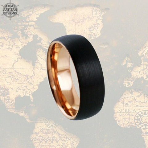 Image of Rose Gold Ring Mens Wedding Band Tungsten Ring 8mm Black Wedding Ring