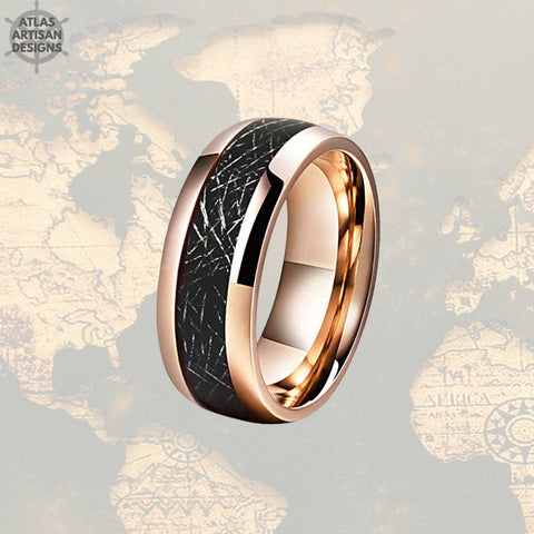 Image of 18K Rose Gold Meteorite Ring Mens Wedding Band Tungsten Ring, 8mm Rose Gold Ring Meteorite Wedding Ring for Men - Atlas Artisan Designs