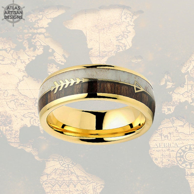14K Yellow Gold Mens Tungsten Ring Antler & Wood Wedding Band - Atlas Artisan Designs