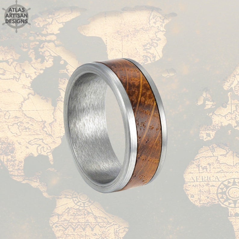 8mm Unique Whiskey Wood Ring Mens Wedding Band Silver Ring