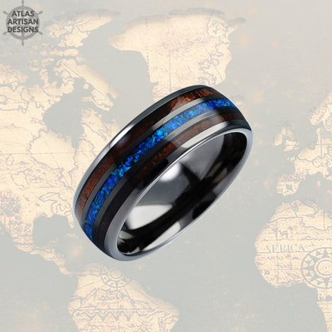 Image of Wood Ring Mens Wedding Band - Blue Opal Ring Tungsten Wedding Band
