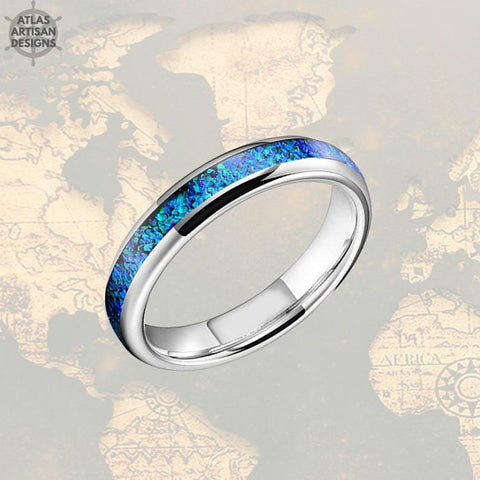 Image of 4mm Silver Tungsten Ring Blue Opal Wedding Band Womens Ring