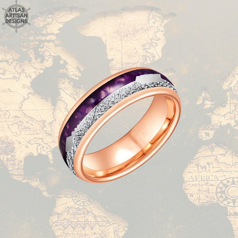 Image of 6mm Agate Stone Ring Rose Gold Wedding Bands Women Ring - Meteorite Ring Purple Tungsten Ring