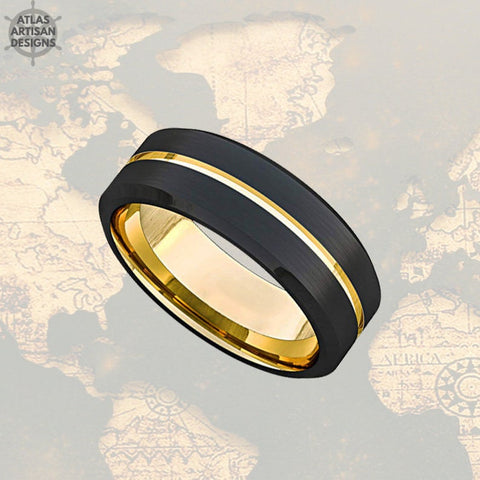 Image of 18K Yellow Gold Mens Wedding Band Two Tone Tungsten Ring with Beveled Edges - Atlas Artisan Designs