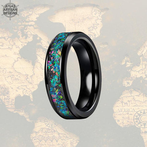 Image of 6mm Black Ring Mens Wedding Band Tungsten Ring Opal Wedding Band - Atlas Artisan Designs