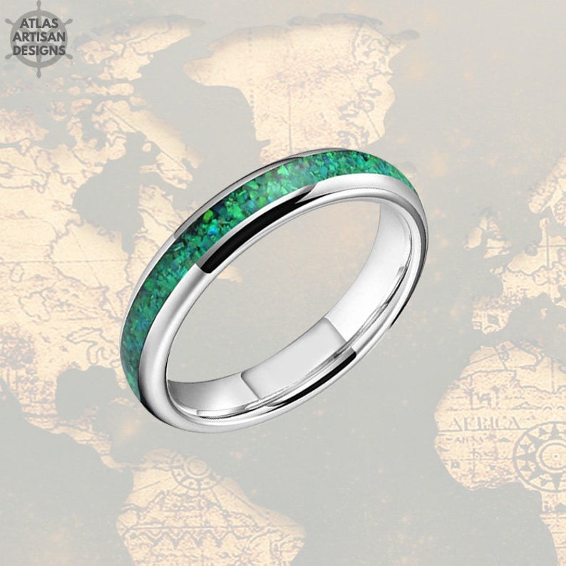 4mm Silver Tungsten Ring Green Opal Wedding Band Womens Ring