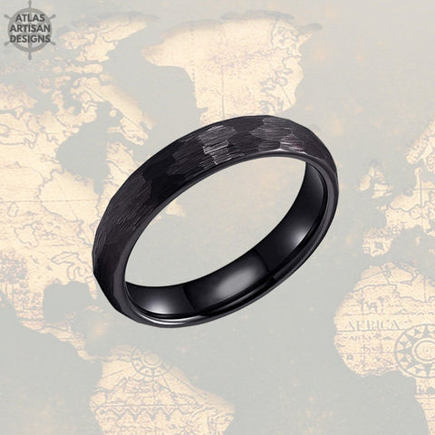 Image of Black Hammered Ring Tungsten Wedding Band Viking Ring - 4mm Black Ring