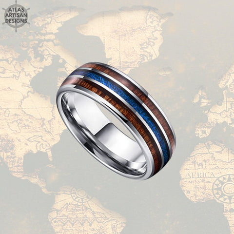 Image of Koa Wood Wedding Band Mens Ring - 8mm Blue Meteorite Ring Mens Wedding Band Tungsten Ring - Meteorite Wedding Ring Wooden Rings for Men - Atlas Artisan Designs