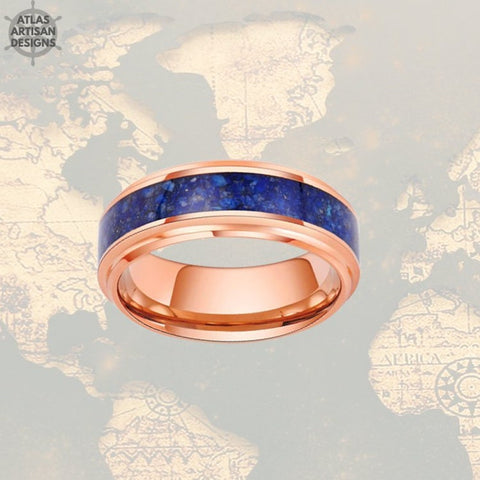 Image of Rose Gold Ring Mens Wedding Band Tungsten Ring - Lapis Lazuli Ring