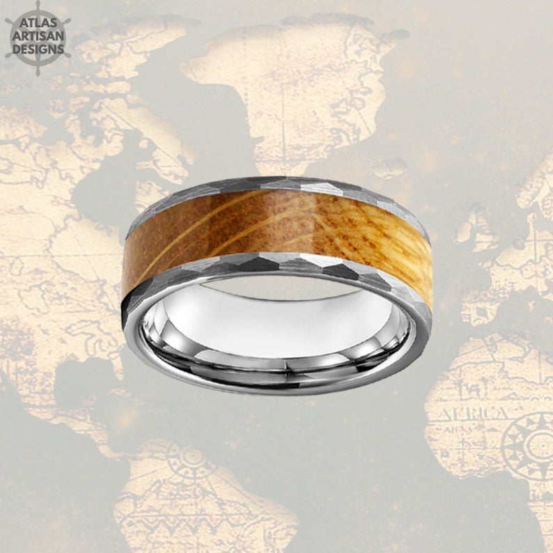 8mm Whiskey Barrel Ring Hammered Wedding Band Tungsten Ring