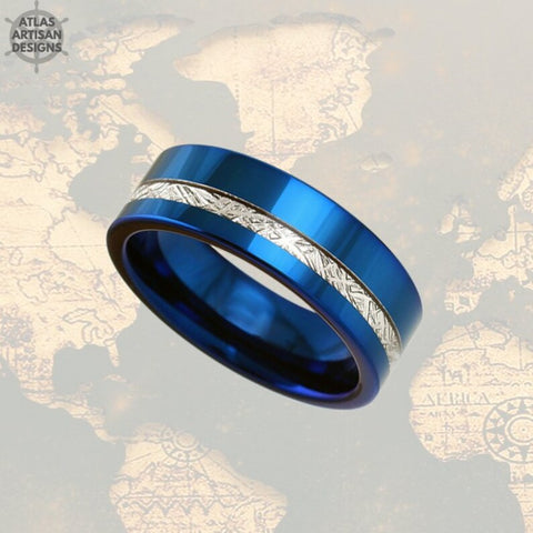Image of 8mm Blue Tungsten Wedding Band Meteorite Mens Tungsten Ring