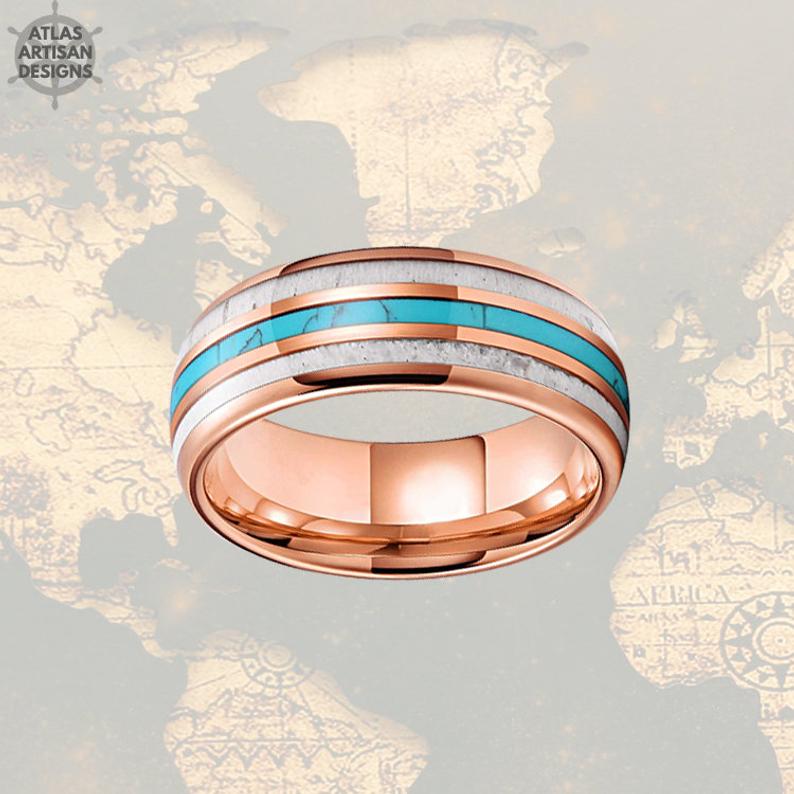 18K Rose Gold Ring Mens Wedding Band Tungsten Ring, 8mm Deer Antler Ring Rose Gold Wedding Band Turquoise Mens Ring - Atlas Artisan Designs