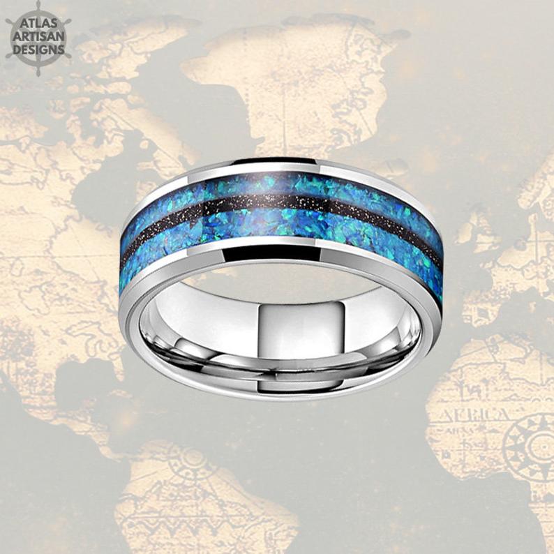 8mm Black Meteorite & Blue Opal Ring Tungsten Wedding Band Meteorite Ring Mens Wedding Band Tungsten Ring, Meteorite Wedding Rings for Men - Atlas Artisan Designs