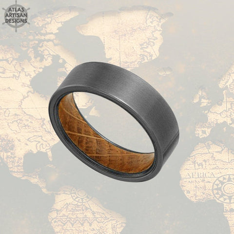 Gunmetal Whiskey Barrel Ring Wooden Ring, Tungsten Wedding Band Mens Ring, Whiskey Barrel Wood Ring - Atlas Artisan Designs