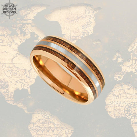 Image of Rose Gold Mother of Pearl Ring, 8mm Koa Wood Ring Mens Wedding Band Rose Gold Ring - Atlas Artisan Designs