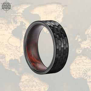 8mm Hammered Ring Mens Wedding Band Wood Ring Black Tungsten Ring - Atlas Artisan Designs