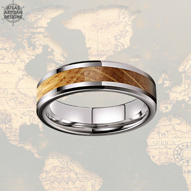 6mm Whiskey Barrel Ring Wood Wedding Band Tungsten Ring, Silver Mens Wedding Band Thin Wood Ring - Atlas Artisan Designs
