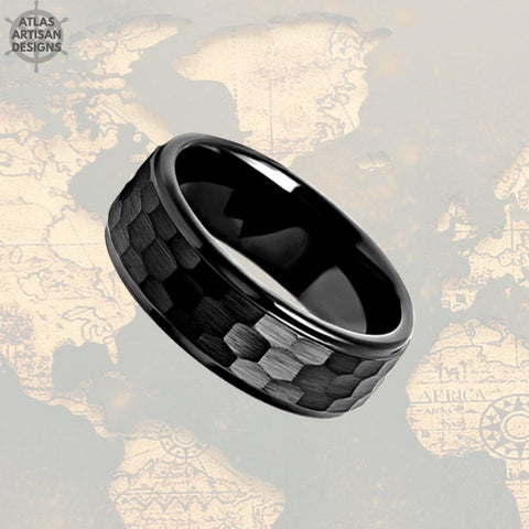 Image of Black Hammered Ring Mens Wedding Band Tungsten Ring with Step Edges, Viking Wedding Ring, Mens Black Ring - Atlas Artisan Designs