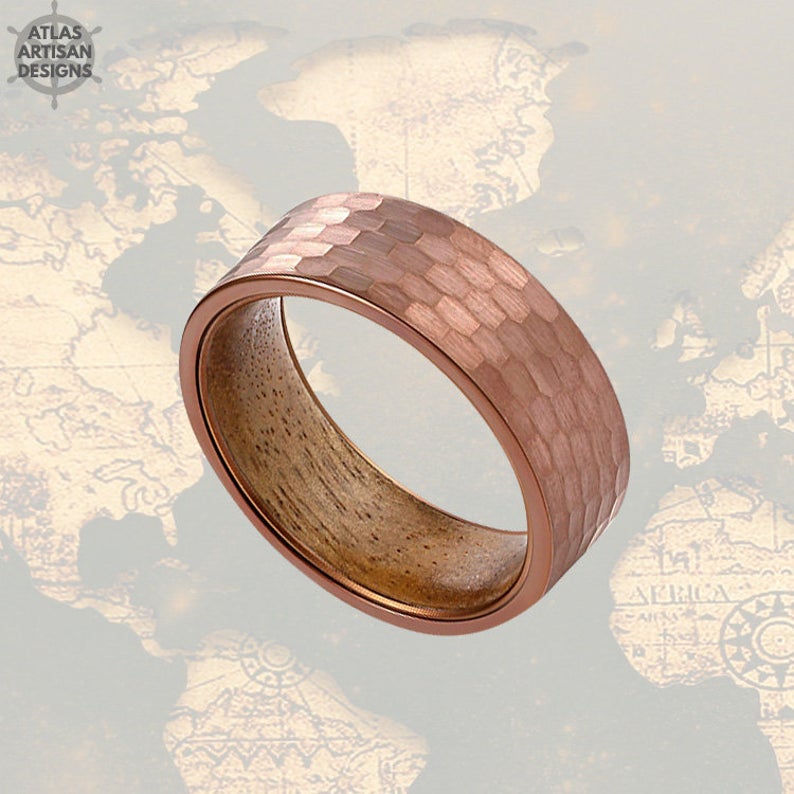 Koa Wood Ring  Hammered Coffee Brown Tungsten Mens Wedding Band - Atlas Artisan Designs
