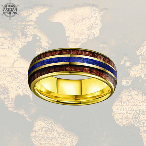 Image of 14K Gold Ring 8mm Lapis Lazuli Ring Mens Wedding Band Tungsten Ring Yellow Gold Wedding Bands for Men