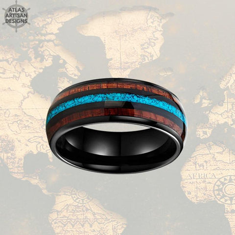 Image of Turquoise Ring Mens Wedding Band Black Tungsten Ring - Koa Wood Ring