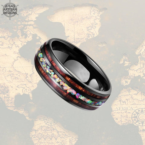 Image of Black Opal & Wood Ring, 8mm Koa Wood Ring Mens Wedding Band Tungsten Ring Black Mens Ring - Atlas Artisan Designs