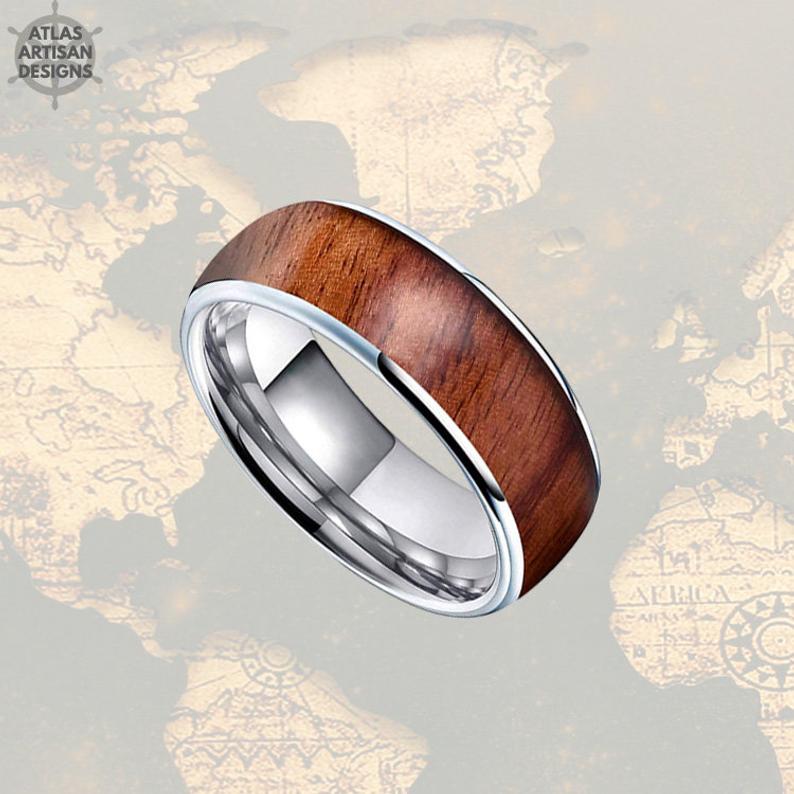 8mm Silver  Tungsten Ring Koa Wood Wedding Band Mens Ring - Atlas Artisan Designs