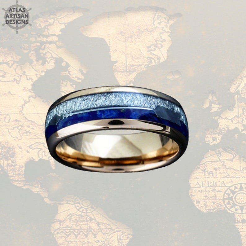 Rose Gold Ring Lapis Lazuli Mens Wedding Band Tungsten Meteorite Wedding Band Arrow Ring
