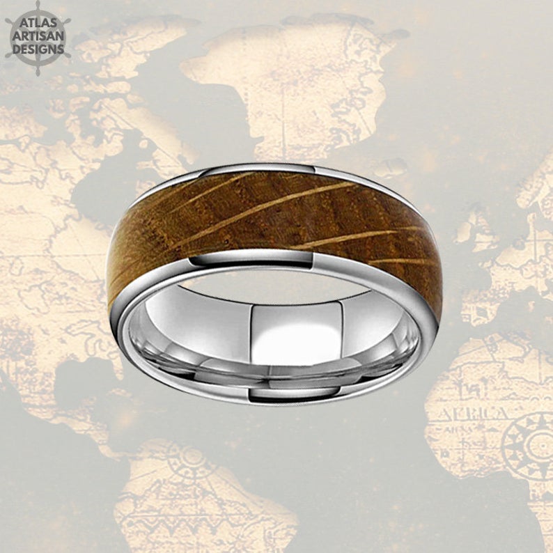 Silver Whiskey Wood Ring Mens Wedding Band Tungsten Ring Whiskey Barrel Ring Polished Mens Wedding Ring Wooden Ring Bourbon Barrel Mens Ring - Atlas Artisan Designs