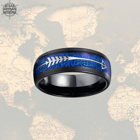 Image of Blue Meteorite Ring Mens Wedding Band Tungsten Ring - 8mm Silver Arrow Ring Meteorite Wedding Band Mens Ring - Unique Black Rings for Men - Atlas Artisan Designs