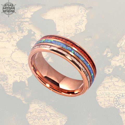 Image of 18K Rose Gold Ring Mens Wedding Band, Deer Antler Ring with Opal Inlay, Mens Wooden Ring - Atlas Artisan Designs