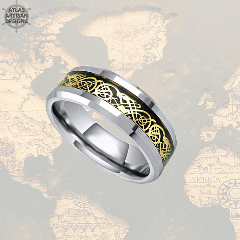 Gold Viking Wedding Ring Mens Tungsten Ring, Celtic Wedding Band Gold Ring - Atlas Artisan Designs