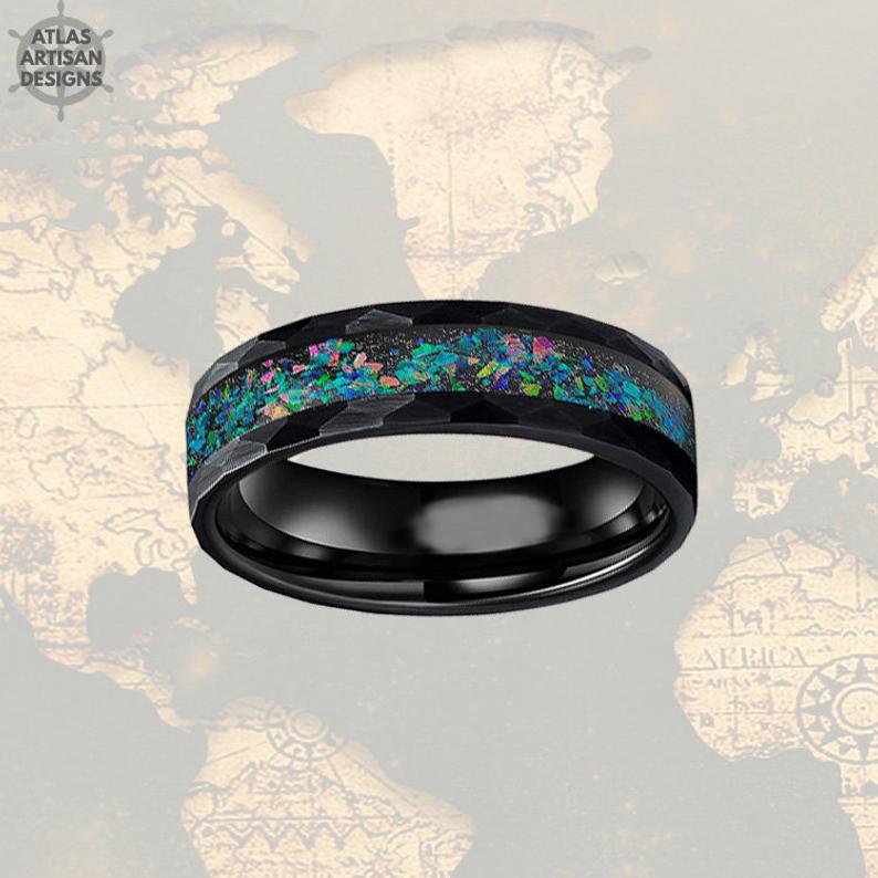 6mm Black Tungsten Ring Hammered Opal Wedding Band - Atlas Artisan Designs