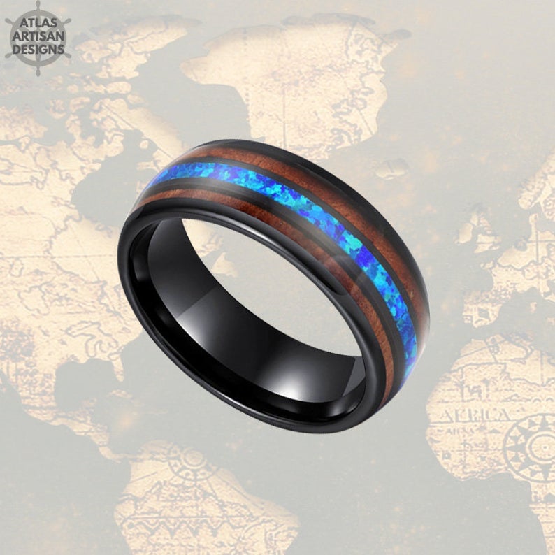 8mm Blue Opal Ring Mens Wedding Band & Koa Wood Black Tungsten Ring