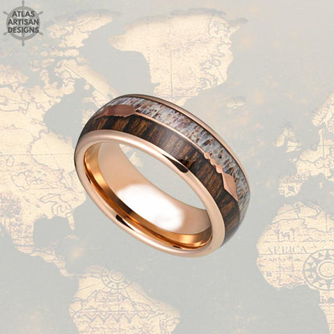 Image of Rose Gold Ring Antler & Wood Wedding Band Mens Ring, 8mm Koa Wood Ring Mens Wedding Band Tungsten Ring, Rose Gold Wedding Band Arrow Rings - Atlas Artisan Designs